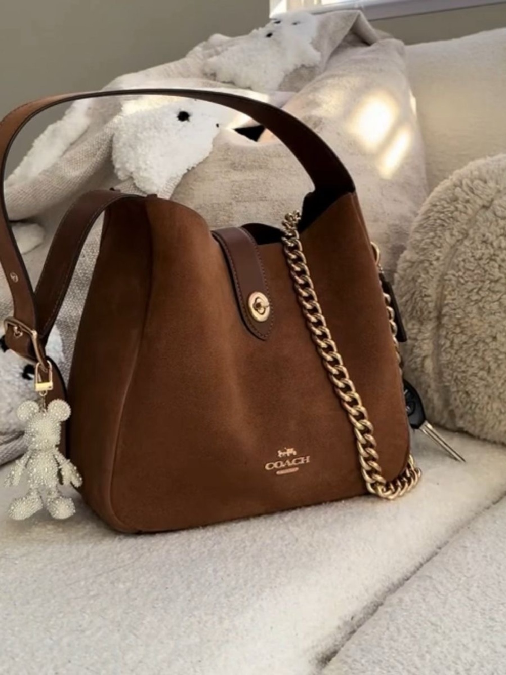 Coach Brown Suede Hobo Shoulder Bag with Gold Hardware